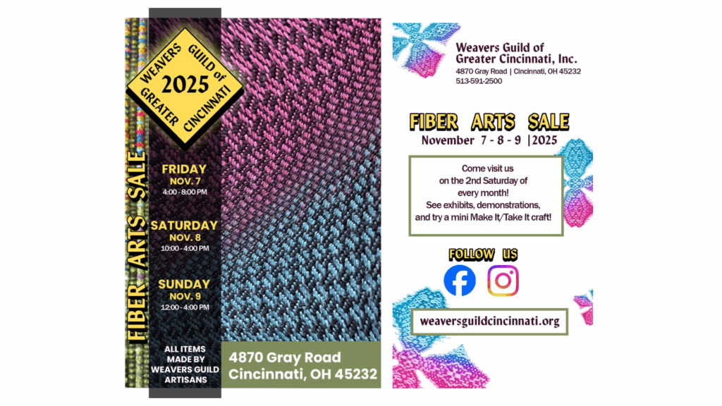 Hours each day of the sale are: Friday, November 7, 4 pm to 8 pm Saturday, November 8, 10 am to 4 pm Sunday, November 9, noon to 4 pm You don't want to miss out on this fabulous sale of original works by skilled Weavers Guild artisans. You'll love choosing from fiber treasures artfully arranged on two floors of our historic building. There will be the best hand-woven kitchen towels you will ever have along with other household textiles like rugs, table runners and placemats; striking original clothing; warm and cuddly accessories such as scarves, socks, and hats. There will also be cleverly made purses, intricate beaded jewelry, and flowing silk scarves in brilliant hand dyed colors. There are always unique holiday ornaments to keep for years. Come experience the luxury of handmade.